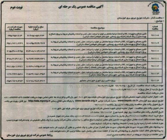 آگهی مناقصه عمومی یک مرحله ای ، مناقصه تامین مصالح و تجهیزات، کالا و خدمات مرتبط مشتمل بر تولید با عرضه، .... نوبت دوم 