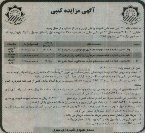 مزایده,مزایده فروش واحد تجاری شماره 6.7.8 طبقه سوم مجتمع