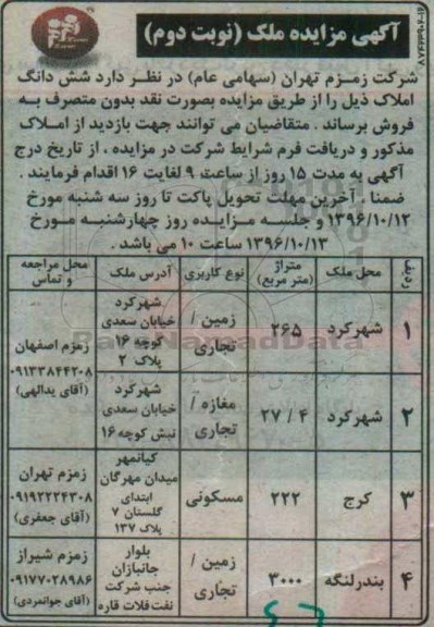 مزایده,مزایده فروش ششدانگ املاک بصورت نقد بدون متصرف نوبت دوم 