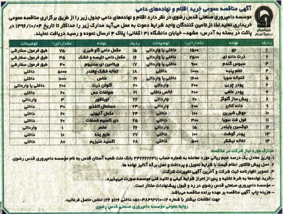 آگهی مناقصه عمومی , مناقصه خرید اقلام و نهاده های دامی 