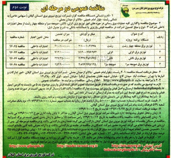 مناقصه عمومی, مناقصه  واگذاری اجرای عملیات برقرسانی (نوبت دوم)