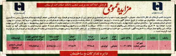 مزایده,مزایده فروش ملک تملیکی کاربری تولیدی 3298.5متر