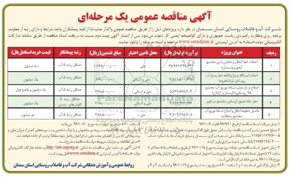 مناقصه عمومی, مناقصه احداث خط انتقال و مخازن بتنی، احداث ایستگاه پمپاژ، اصلاح و باسازی شبکه توزیع آب...