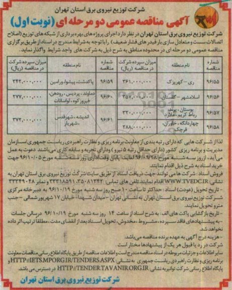 آگهی مناقصه عمومی دو مرحله ای,مناقصه  بهره برداری از شبکه های توزیع اصلاح اتصالات 