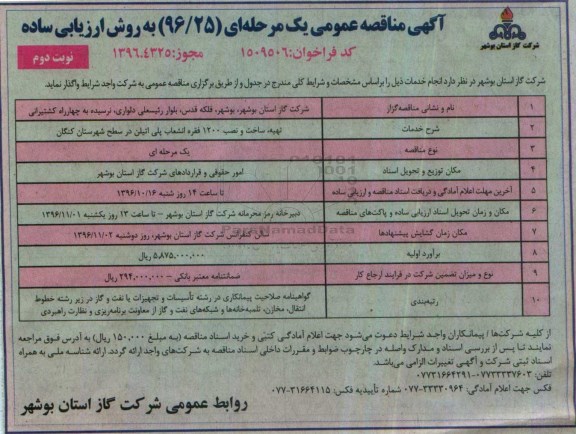اگهی مناقصه , مناقصه تهیه ساخت ونصب 1200 فقره انشعاب پلی اتیلن نوبت دوم 
