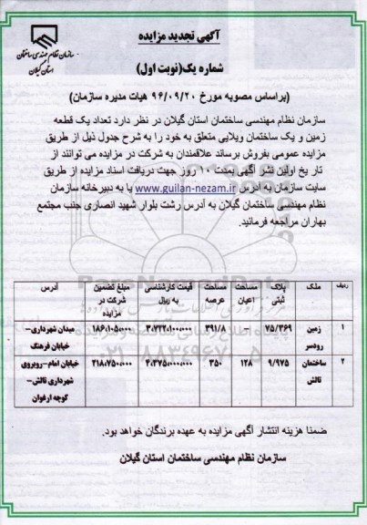 مزایده,مزایده فروش تعداد یک قطعه زمین و ساختمان ویلایی 
