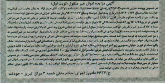 مزایده,مزایده سرقفلی از پلاک ثبتی نوبت اول