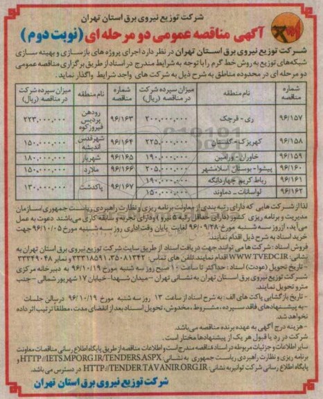 آگهی مناقصه عمومی دو مرحله ای,مناقصه اجرای پروژه های بازسازی و بهینه سازی شبکه های توزیع به روش خط گرم- نوبت دوم 