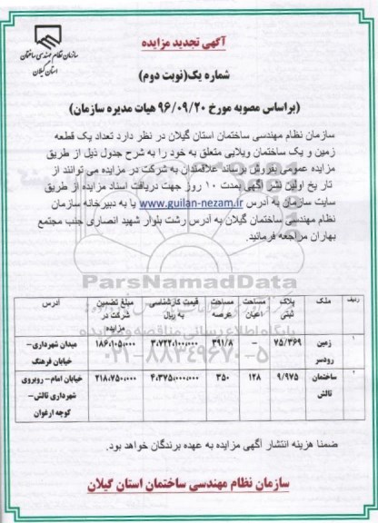 مزایده,مزایده فروش تعداد یک قطعه زمین و ساختمان ویلایی نوبت دوم 