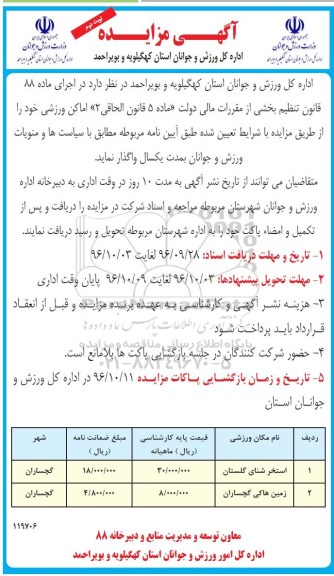آگهی مزایده , مزایده استخر شنای گلستان (نوبت دوم)