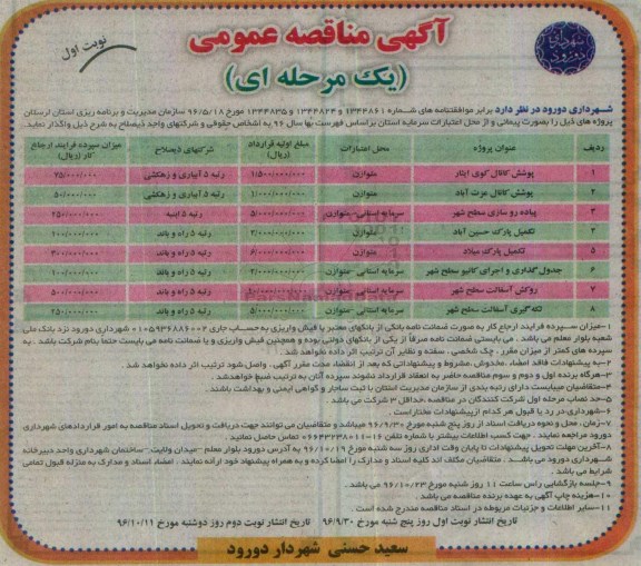 مناقصه عمومیع مناقصه پوشش کانال، پیاده روسازی، تکمیل پارک، جدول گذاری، روکش آسفالت و لکه گیری آسفالت