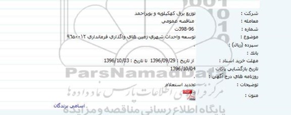 مناقصه عمومی, مناقصه توسعه و احداث شهری زمین های واگذاری فرمانداری
