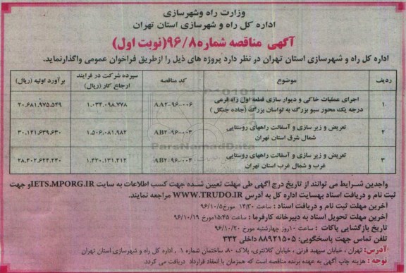 آگهی مناقصه,مناقصه اجرای عملیات خاکی و دیوارسازی قطعه اول