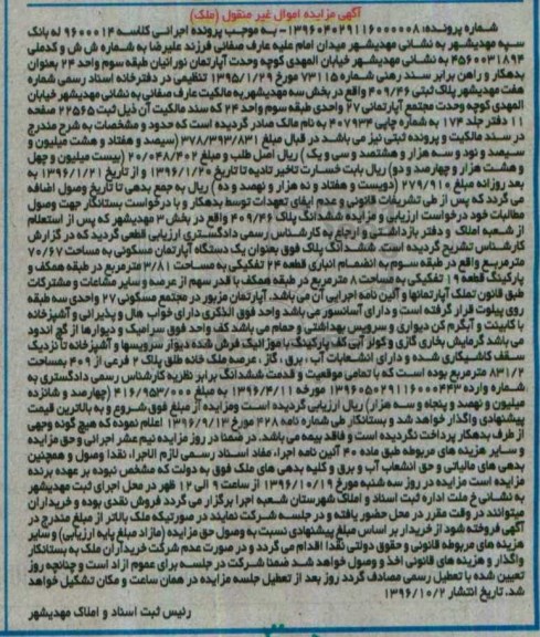 مزایده,مزایده پلاک ثبتی بخش سه مهدیشهر 