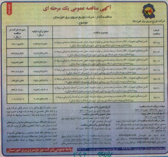 آگهی مناقصه عمومی ، مناقصه تامین مصالح و تجهیزات، کالا و خدمات مرتبط مشتمل بر تولید با عرضه نوبت دوم 