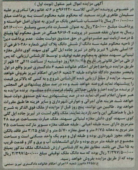 مزایده,مزایده سه دانگ از پلاک ثبتی عرصه 48 متر