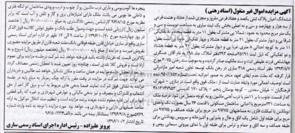 مزایده,مزایده ششدانگ اعیان پلاک ثبتی مساحت دویست و سی و یک متر