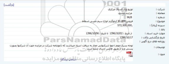 مزایده فروش 50.000 کیلوگرم انواع سیم مسی اسقاط 