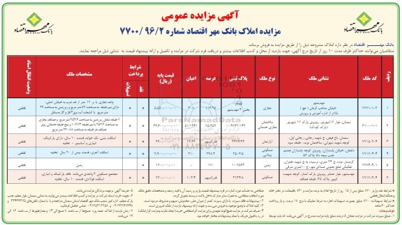 مزایده,مزایده فروش املاک بانک مهر اقتصاد