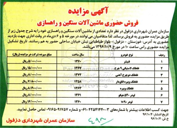 آگهی مزایده، مزایده تعدادی از ماشین آلات سنگین و راهسازی