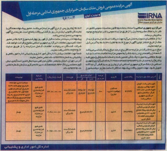 مزایده,مزایده فروش املاک کاربری مسکونی اداری