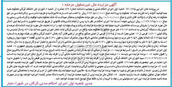 مزایده,مزایده ششدانگ اپارتمان مساحت 29.13متر مال غیرمنقول مرحله یک