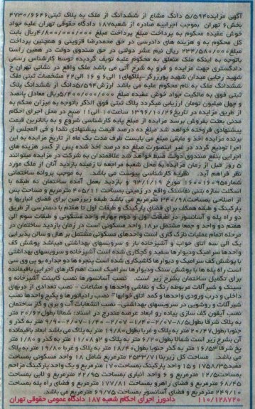 مزایده,مزایده 5.594 دانگ مشاع از ششدانگ ملک بخش شش تهران