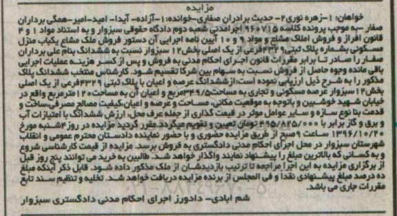 مزایده,مزایده ملک مشاع منزل مسکونی بخش دوازده سبزوار