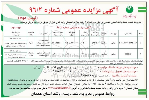 مزایده,مزایده دو رقبه املاک عرصه 583.20 و 175.80متر نوبت دوم 