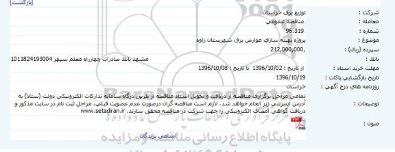 مناقصه,مناقصه بهینه سازی عوارض برق ...