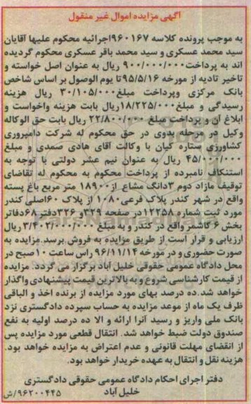 مزایده,مزایده مازاد دوم سه دانگ مشاع از 18900متر باغ پسته