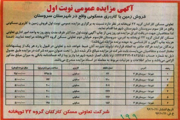 مزایده,مزایده فروش زمین کاربری مسکونی شهرستان سروستان 
