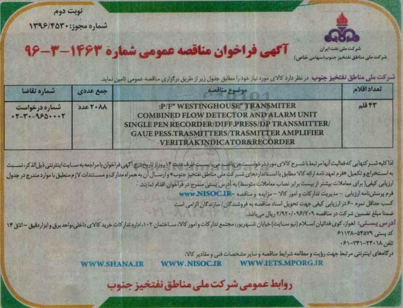 مناقصه ,مناقصه خرید p/f wstinghouse transmiter- نوبت دوم