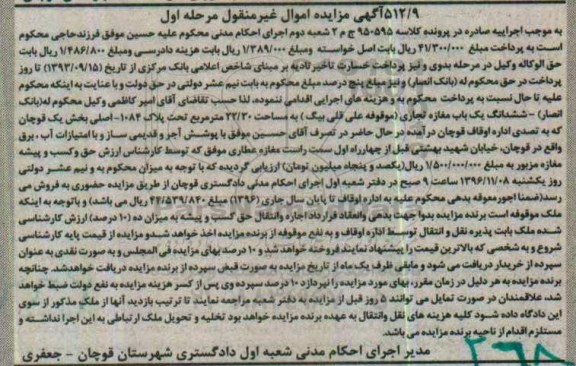 مزایده,مزایده ششدانگ مغازه مرحله اول