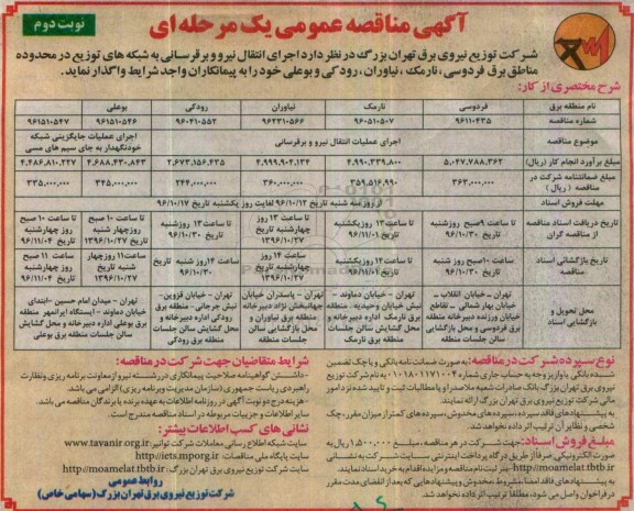 مناقصه عمومی, مناقصه اجرای انتقال نیرو و برقرسانی به شبکه های توزیع ... - نوبت دوم