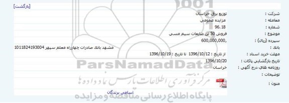 مزایده,مزایده فروش 50 تن ضایعات سیم مسی