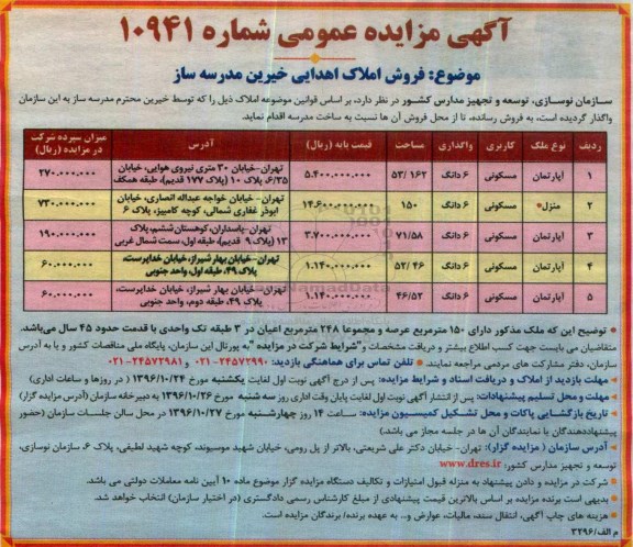 مزایده,مزایده فروش املاک اهدایی خیرین مدرسه ساز
