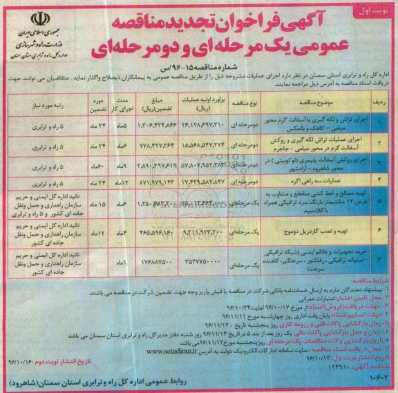 تجدید مناقصه عمومی , تجدید مناقصه اجرای تراش و لکه گیری ...