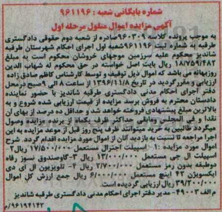 آگهی مزایده اموال منقول, مزایده  اسپیلت اجنرال مستعمل و ...