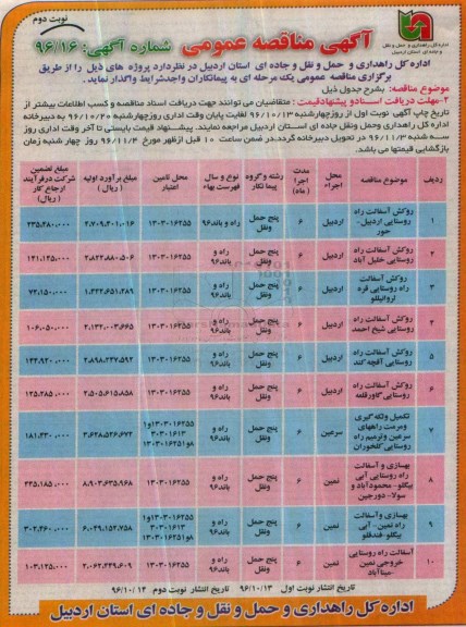 آگهی مناقصه عمومی , مناقصه روکش آسفالت راه ... نوبت دوم 
