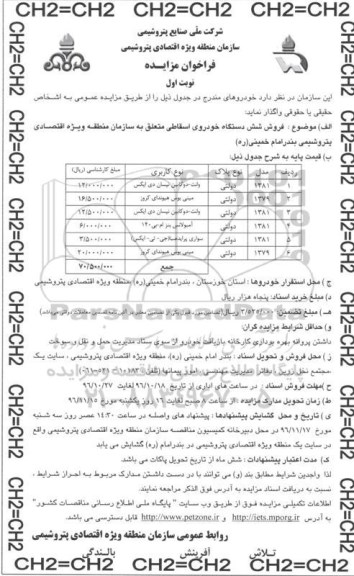 فراخوان مزایده، مزایده فروش شش دستگاه خودروی اسقاطی