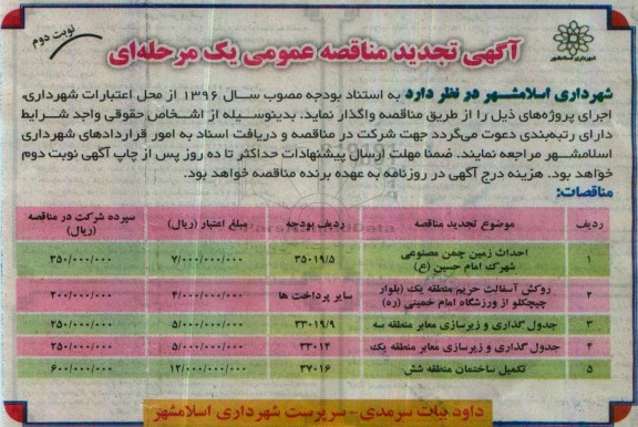 آگهی تجدید مناقصه عمومی، مناقصه احداث زمین چمن مصنوعی... نوبت دوم 