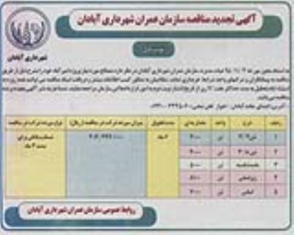 آگهی تجدید مناقصه, مناقصه خرید مصالح مورد نیاز پروژه امیرآباد
