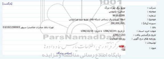 مناقصه,مناقصه انتقال نیرو و برق رسانی شبکه های توزیع ...