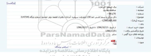 مناقصه , مناقصه دکل بندی و سیم کشی خط 230 کیلو ولت