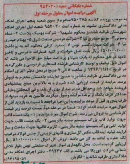 مزایده،مزایده یک دست قالب جهت تولید قالب بزرگ...
