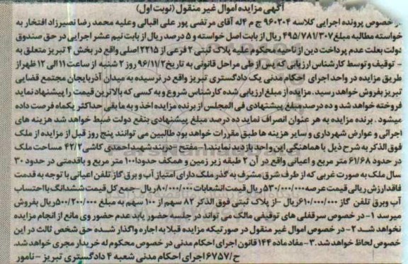 مزایده,مزایده پلاک ثبتی دو فرعی بخش 4 تبریز نوبت اول