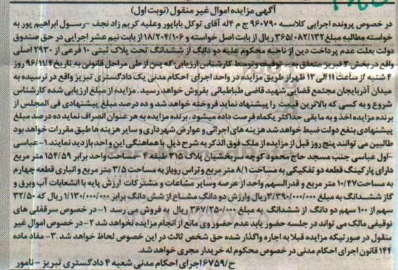 مزایده,مزایده ششدانگ پلاک ثبتی 10 فرعی
