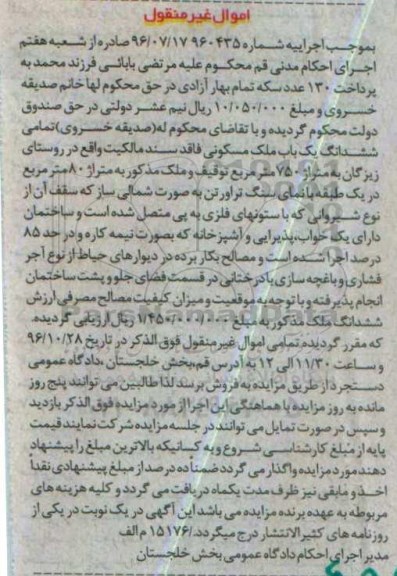 مزایده,مزایده ششدانگ ملک مسکونی مساحت 750متر