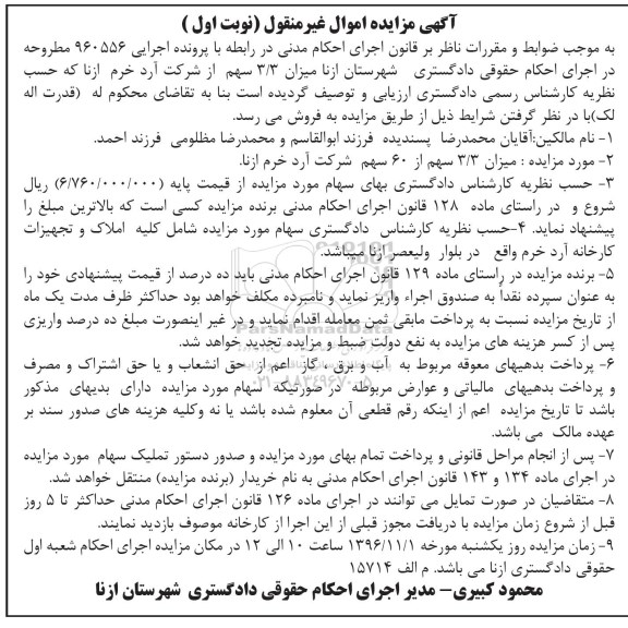 مزایده,مزایده 3/3 سهم از 60 سهم شرکت ...
